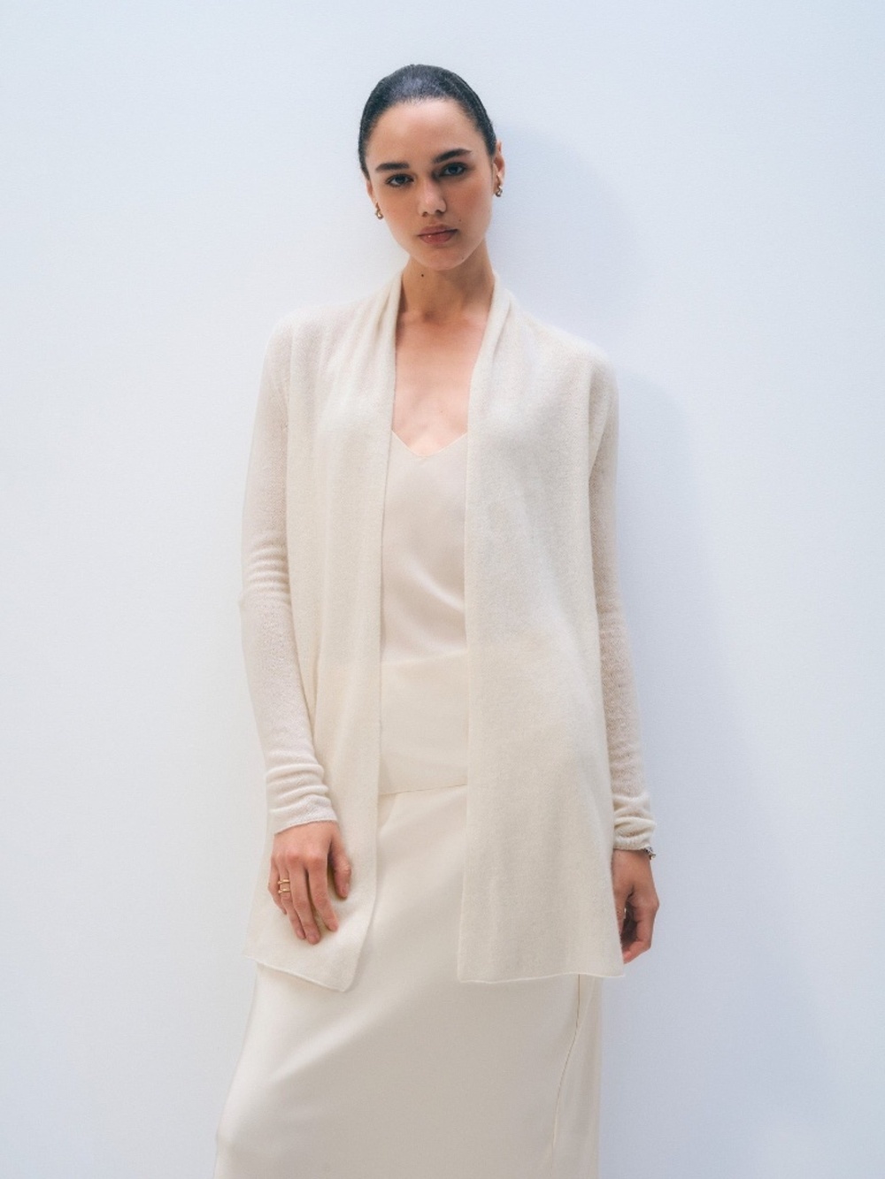 White + Warren Cashmere Trapeze Cardigan Long Duster in Soft White Size S***